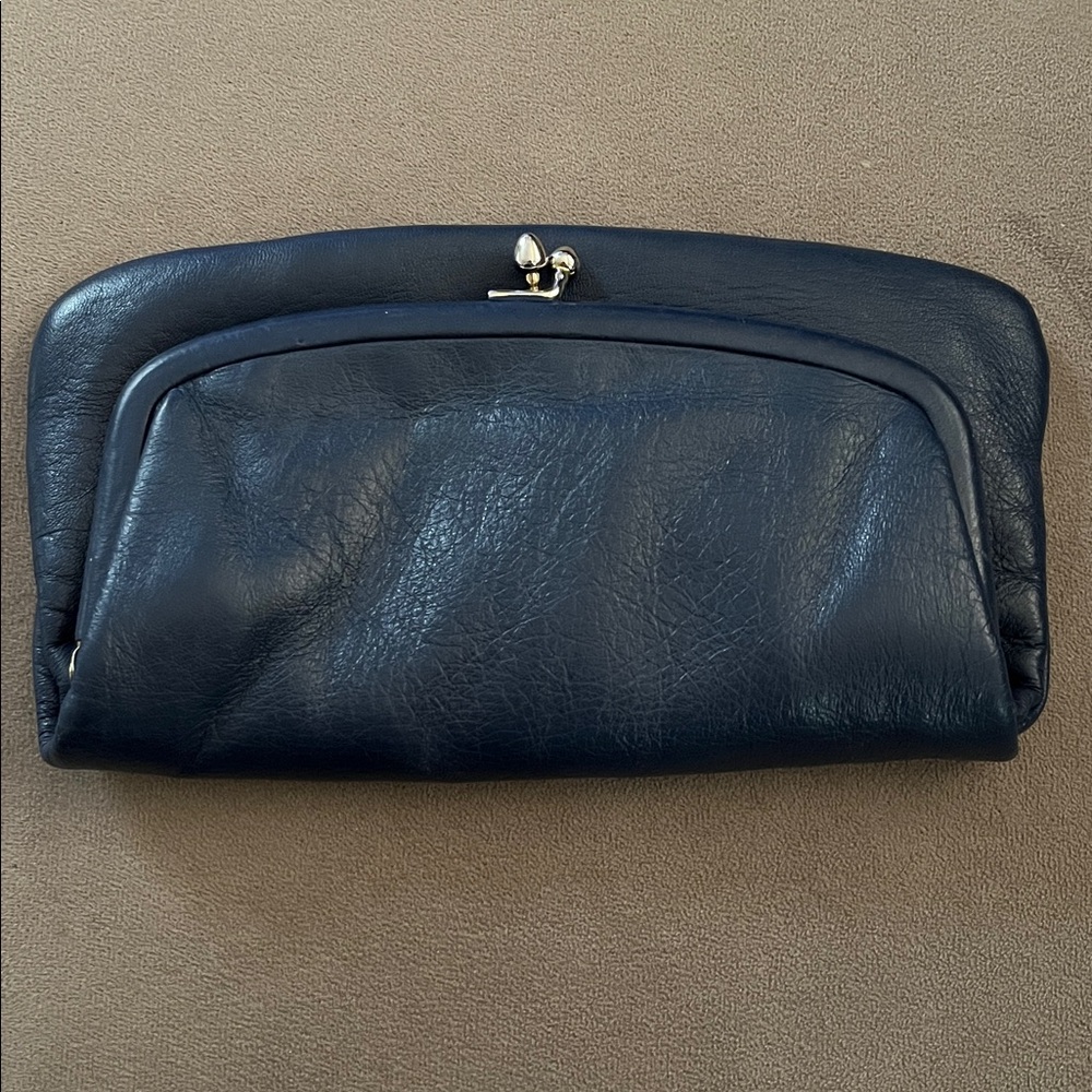 Vintage Navy Blue Leather St Thomas Foldover Clutch Purse Handbag Chain Strap